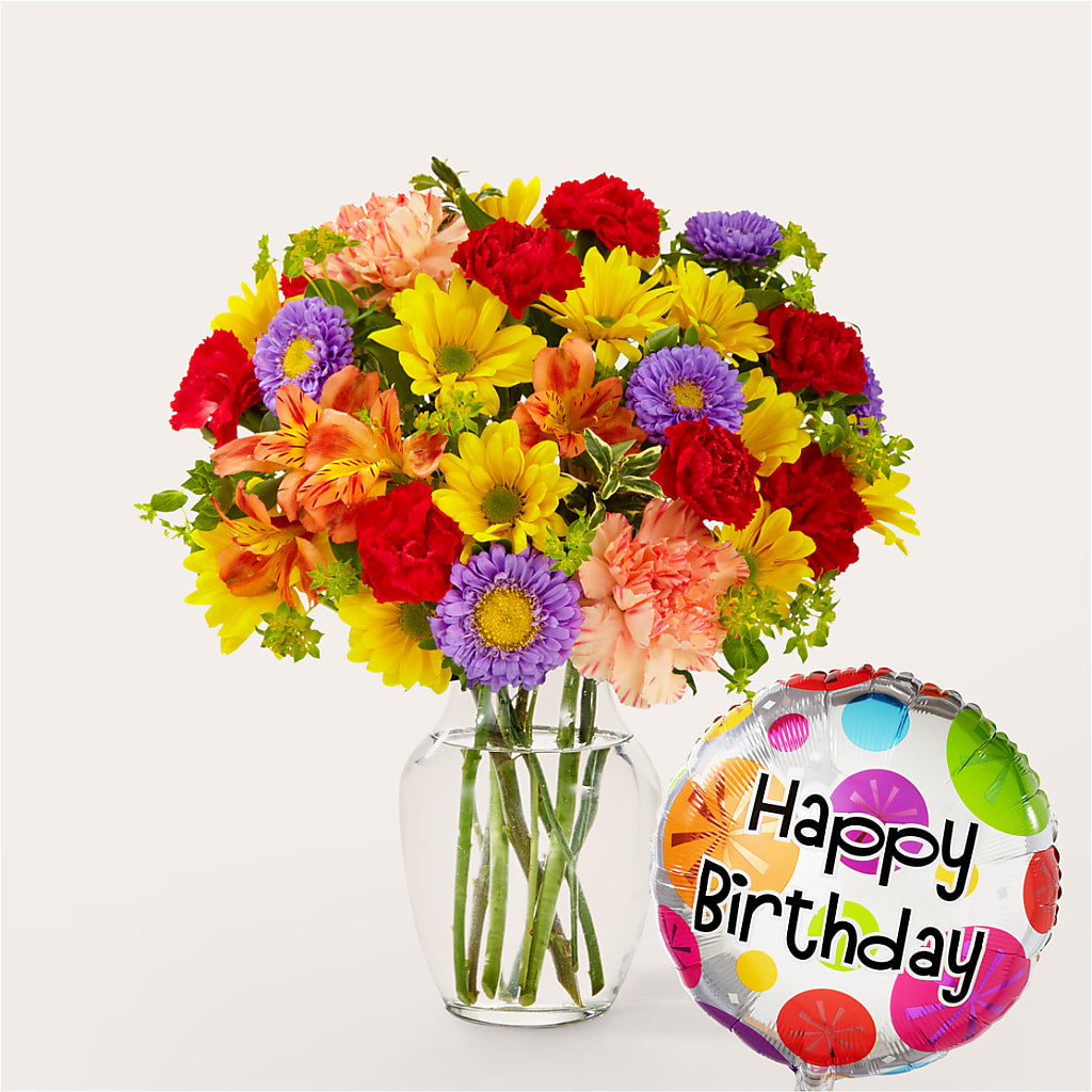 Kaleidoscope Bouquet with Birthday Balloon – Maplewood Florist, Maplewood NJ