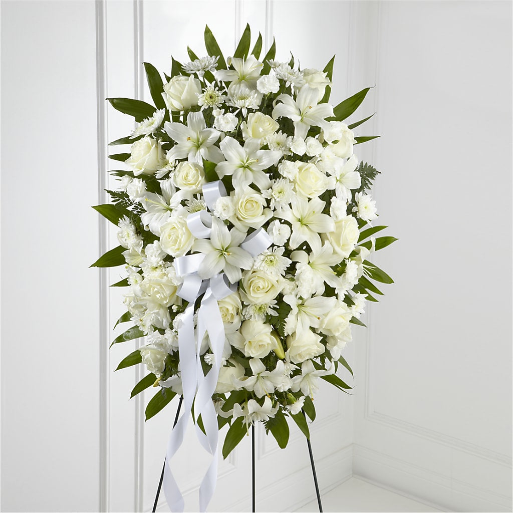 Exquisite Tribute Standing Spray-White Ribbon – Maplewood Florist, Maplewood NJ